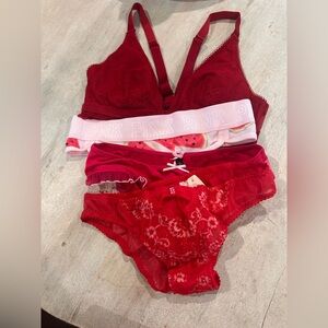♥️🍉 PINK Victoria's Secret Red & Pink Lace Sexy Thong Bra Panties Bundle Set💋🍓